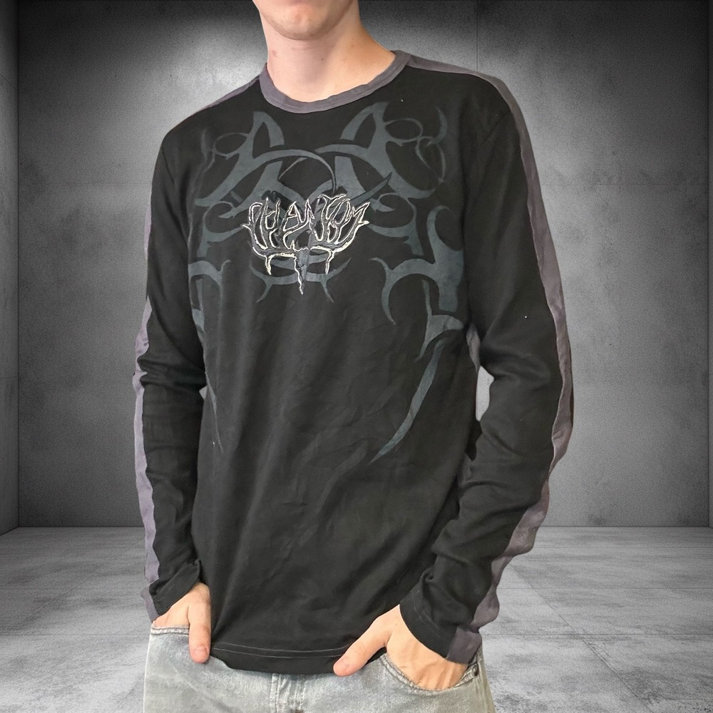 Vintage Phantom Y2K Tribal Deer Skull Graphic Long Sleeve Shirt XL Black